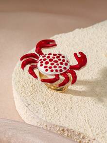 1pc Creative Ocean Style Red Crab Ring, Cute Cartoon Polka Dot Animal Design Exaggerated Adjustable Joint Ring, Fashionable Accessory Gift - Multicolor - View 3