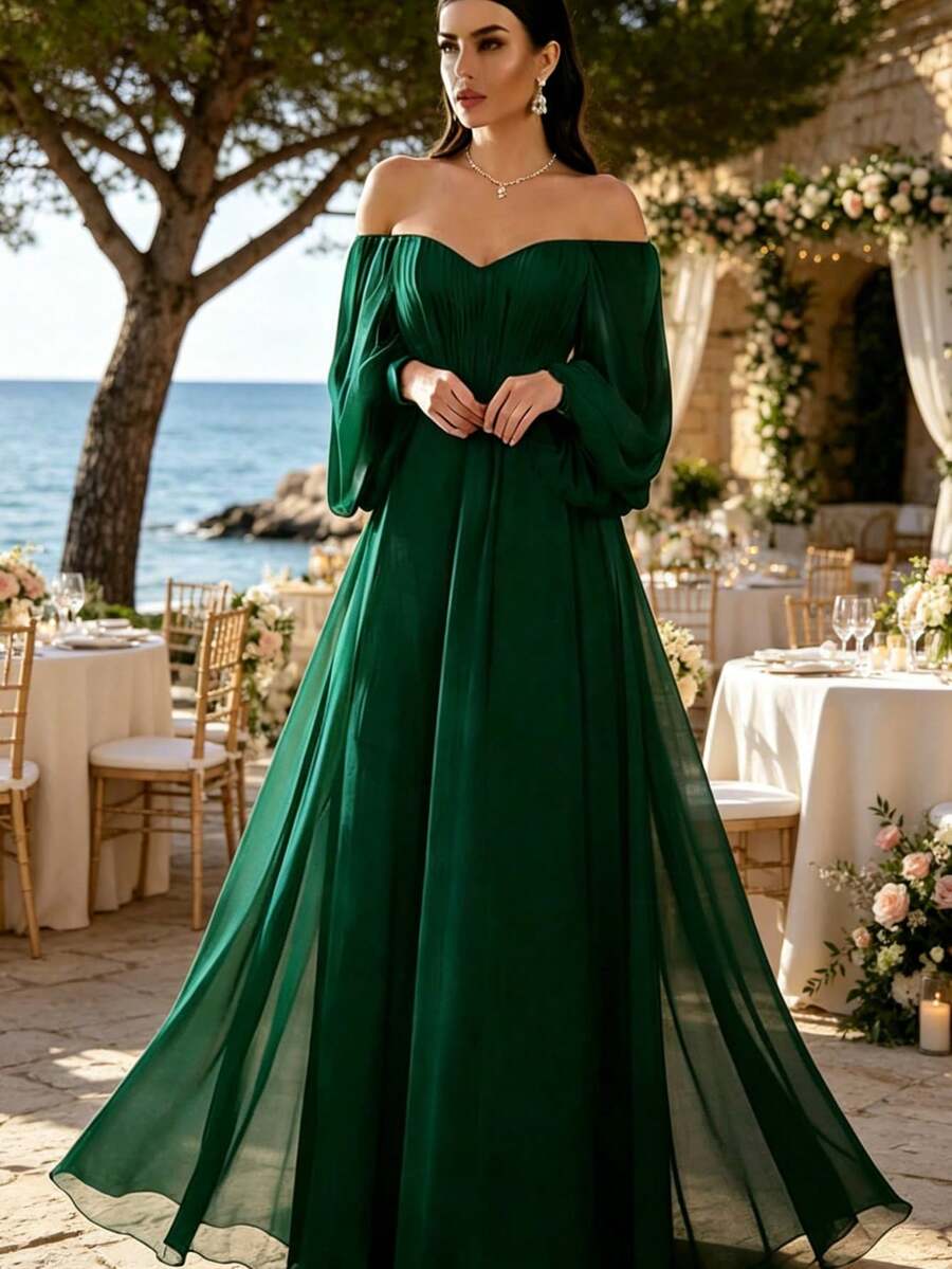 Women's Solid Color Off Shoulder Lantern Sleeve Casual Wedding Dress Spring White - 墨綠色 - 查看 1