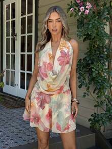 Nuevo vestido mini de verano con escote halter, espalda descubierta, cuello de pico profundo en V, asimétrico y volantes en el bajo, en color liso - Multicolor 2 - Ver 3