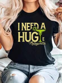 Camiseta de cuello de tripulación negra casual para mujeres con un gráfico de vidrio de cóctel, perfecta para el uso de primavera y verano - Negro - Ver 2