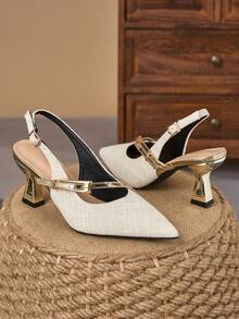 WHDXY 1 Pair Women's Pointed Toe Tweed Slide Sandals, New Summer Design With Metal Buckle Strap Backless Mary Jane Shoes, Gold 7cm Asymmetric Heel, Versatile For Commute, Daily Wear, Date, Party - Beige - View 4