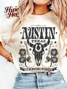 1 pieza de camiseta de verano de algodón suave para mujer HypeHer con estampado retro de Austin Texas 2026, estilo casual de vacaciones, holgada, multifuncional, de cuello redondo, negra, de manga corta, elegante para el uso diario, adecuada para el uso cotidiano. 180g 100% algodón suave. - Blanco - Ver 7