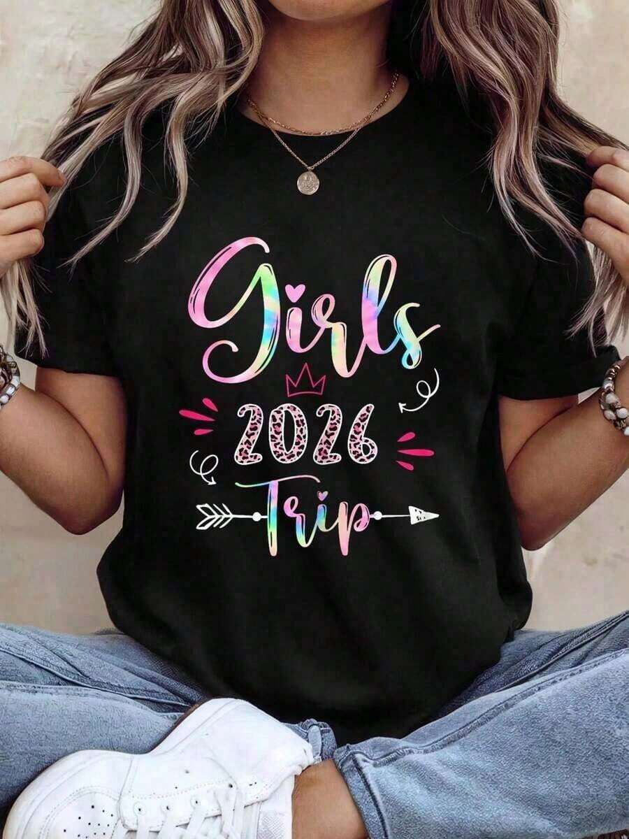 Mother's Day Set, Leopard Print Vacation T-Shirt For Girls, Graphic Tees For Women, Perfect Birthday Or Holiday Gift For Friends, Family, Boyfriends, Girlfriends, Women's Tops - 黑色 - 查看 1