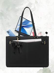 Lightweight 15.6 Inch Laptop Tote Bag For Women, Multi-Pocket Waterproof PU Leather Work Shoulder Bag With Detachable Bow Charm - Multicolor - View 2