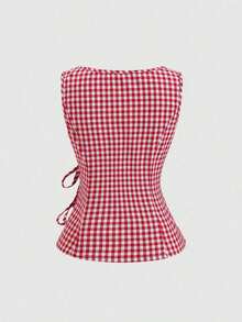 Camisa sin mangas con cuello redondo de estilo universitario retro y a cuadros, con diseño sexy para mujer.Nueva blusa de verano con cordones, ajuste ceñido y delicado estilo femenino y dulce - Rojo - Ver 6