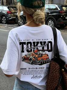 Camiseta de manga corta y cuello redondo blanca con estampado divertido de coche de carreras, de verano, nueva, casual y sencilla. Top versátil de moda diaria para mujer - Blanco - Ver 8
