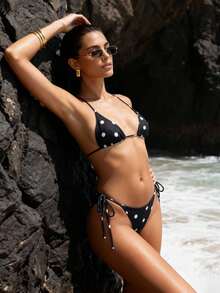 Bộ bikini chấm bi thời trang, áo tắm tam giác gợi cảm với quần lọt khe và dây mảnh, bộ đồ bơi phong cách Bohemian dành cho nữ. - Màu xanh hải quân - Xem 5