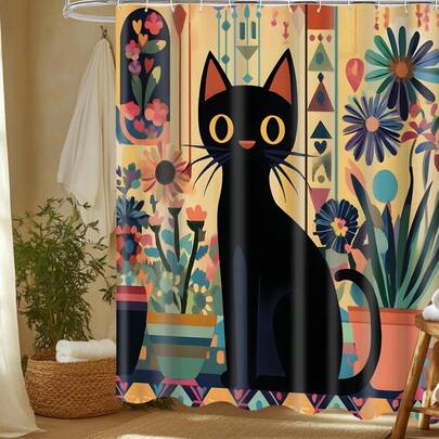 1 chiếc rèm tắm in hình mèo, rèm tắm phong cách retro trừu tượng, rèm tắm bằng vải sợi polyester kèm 12 móc treo, thích hợp để trang trí phòng tắm hoặc bồn tắm.