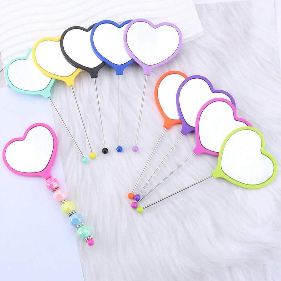 10pcs Creative Beaded Heart-Shaped Handle Mirrors, Multi-Color Handheld Makeup Mirrors, Portable Compact Mirrors. Handmade Decorated Mirrors, Suitable For Jewelry Making, Gifts For Teenagers And Adults - Multicolor - View 1