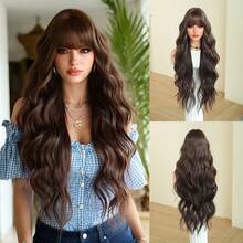 7JHH WIGS Extra Long Body Wave Dark Brown Wig For Women 32 Inch Elegant Wavy Curly Wig With Bangs, Natural Looking Soft Fluffy Synthetic Heat Resistant Fiber Hair Wig For Daily Wear, Music Festival Party Use - 深棕色 - 查看 11