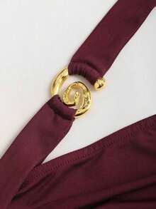 Nuevo estilo de vestido mini para mujer con falda acampanada, decoración de metal en espiral en el cuello halter y la cintura - Burdeos 2 - Ver 5