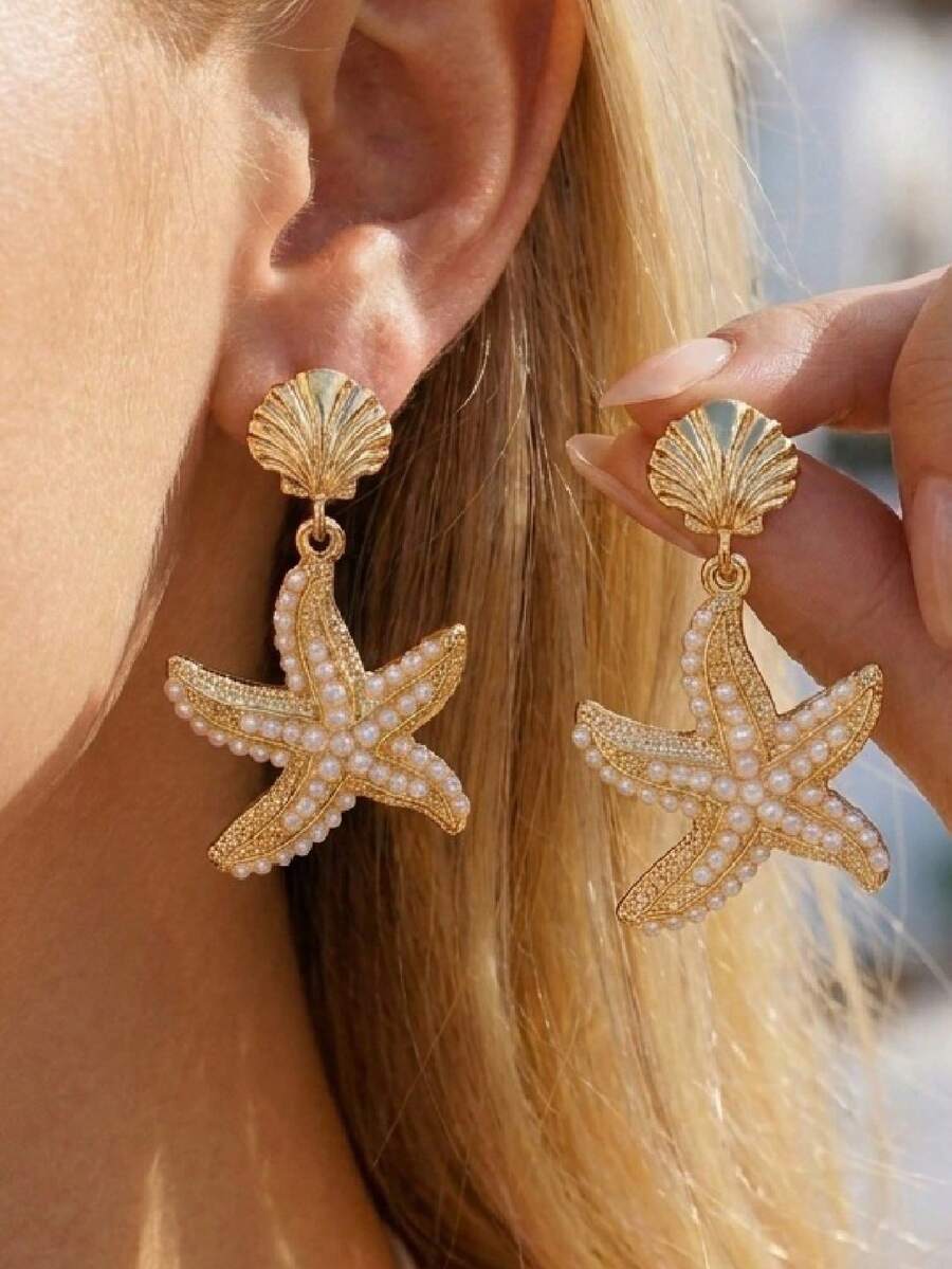 Summer Bohemian-Style Sea Star Shell Earrings With Exaggerated Design. Beach Vacation Ear Accessories. - Multicolor - View 1