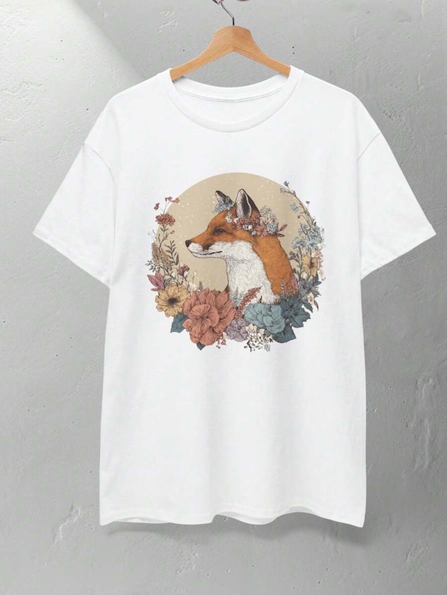 Red Fox in Wildflowers T1S1Hirt, B1Oho Folk Art Animal T1EE, Nature Aesthetic Graphic S1Hirt, Fairycore T1EE, Forestcore T1S1Hirt.