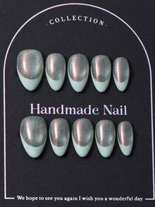10pcs Handmade Short Almond Shape Y2K Mint Blue Nail Stickers, French Style And Hand-Painted Gradient Glitter Cat Eye Design. Includes 1pc Jelly Glue And 1pc Nail File. Suitable For Daily And Party Nail Care. - Mint Blue - View 2