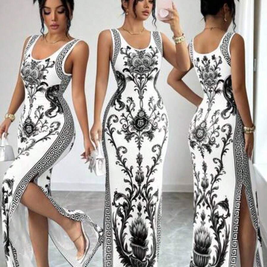 Elenzya Exquisite Printed Chinoiserie Waist-Cinching Slit Luxurious Retro Middle Eastern UAE Style Robe, Tight Fit, Multi-Color, Sleeveless, High-Quality Material Luxury Dresses For Women Best Selling Dresses Club Outfits For Women Dress Long Dresses For Women Bodycon Bodycon Dress Women - Negro - Ver 1