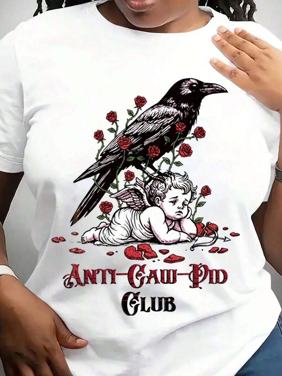 Anti Caw Pod Club Raven And Cherub Graphic Women's T-Shirt With Rose Design Vintage Inspired Print Comfortable Fit Casual Wear,Valentine's Day Shirts,For Valentine's Day Gifts Suitable For Going Out - Blanco - Ver 1