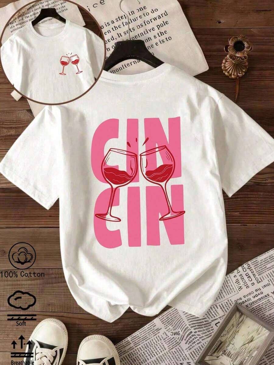 Slim-Fit Solid Color Short Sleeve Round Neck T-Shirt For Women, Red Wine Print, 100% Cotton, Casual Everyday Top, Streetwear, Y2K, Beach, Graduation Party, Vacation, Summer, Spring, T-Shirt, Sport, Party Top, Blouse, Romper, Vintage, Carnival, Valentine's Day, May, Women's Tops, Spring Outfit, Jersey, Women's Winter Clothing, Summer T-Shirt, T-Shirt, Vacation, Beach, Casual, Cute Tops, Black Top, White Top, Summer Tops, Spring Fashion For Women, Women's Easter Clothing, All Seasons, Office/Lounge/Home/Minimalist, Preppy Style, Western Style, Outfit, American Retro Style, Sexy, Outerwear, Autumn, Soft And Comfortable, Valentine's Day, Carnival, Summer Top, Music Festival, White Top, Summer T-Shirt. - White - View 1