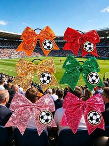 Coletero elástico para el cabello con lazo de lentejuelas bordadas, unicolor, cuentas y diseño de fútbol para la Copa del Mundo - Multicolor - Ver 10
