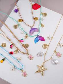 1pc Summer Beach Pendant, Colorful Braided Rope + Gold Chain, Decorated With Mermaid Tail, Seashell, Coconut Tree, Starfish, Sun, Faux Pearl And Turtle Pendants, Suitable For Women's Beach Vacation And Party Wear, Tropical Ocean Style Jewelry - Multicolor - View 9