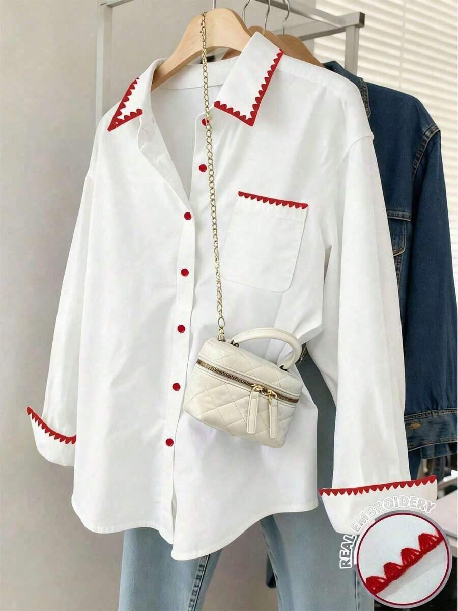 Camisa larga de mujer de manga larga, de un solo pecho, holgada, con hombros caídos y de unicolor - Blanco 3 - Ver 1