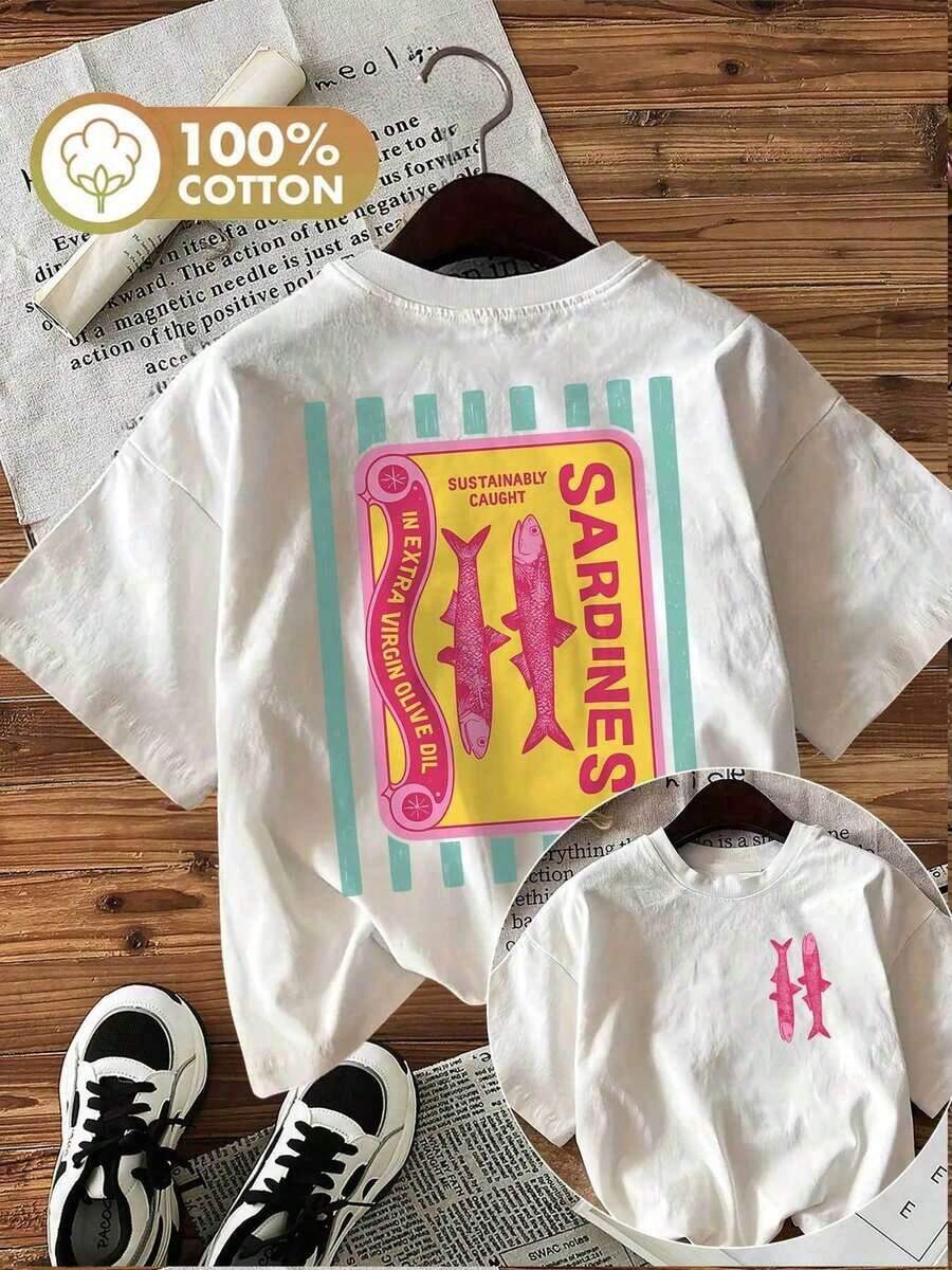 Women's Casual Top, Spring Summer Fashion, Vintage Style, Printed With The Word "Sustainably Fished Sardines", Pure Cotton Short Sleeve Round Neck T-Shirt [Ling], Summer. - 白色 - 查看 1