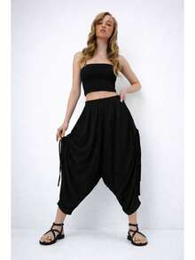 Women's Casual Fashion Street Chic Daily Commute Solid Color Drawstring Pleated Knot Cropped Skinny Pants - Black - View 4