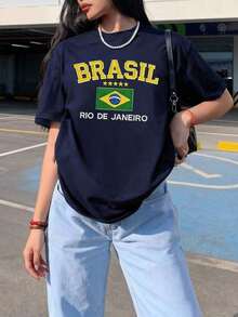 Camiseta de manga corta informal de verano para mujer con estampado de la bandera de Río de Janeiro, Brasil, de corte holgado y cuello redondo. - Azul Marino - Ver 8