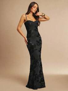 Vestido de tirantes finos maxi ajustado y elegante con diseño floral 3D en color marrón, adecuado para invitada de boda en otoño, fiesta, cóctel, noche, Navidad.Vestido maxi ceñido y con espalda descubierta, apropiado para fiesta de ot - Negro - Ver 5