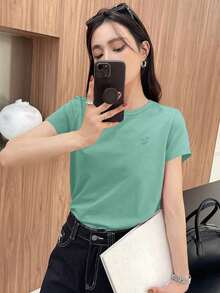 Y2K Style, Modern Style, The Newest Of 2026, Cute Style, Casual Style. Women's Loose-Fitting Casual Summer T-Shirt With Embroidered Heart And Letter Pattern, Red, 180g (S-XXXL) - 青檸綠 - 查看 2