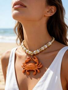 1pc Women's Beach Ocean Style Necklace, White Braided Rope With Beaded Crab Pendant, Suitable For Daily Wear And Vacation - Multicolor - View 2
