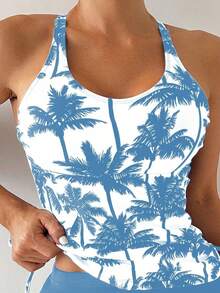 Bikini Estilo Chaleco Estampado Con Palmeras Para Mujer, Para Carnaval - Celeste - Ver 4