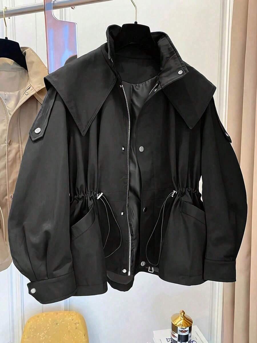 1 pieza Abrigo de trinchera con bolsillo con cordón, botones delanteros y tela tejida de unicolor, informal para primavera/otoño - Negro - Ver 1