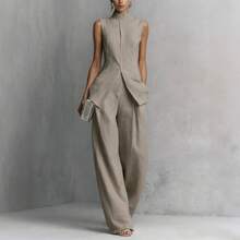 2026 Women's Draped Linen Cotton Solid Sleeveless Shirt Long Pants Two Piece Set - Màu Đỏ Sâu - Xem 5