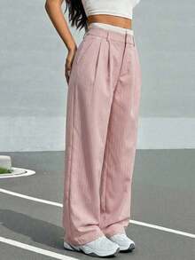Pantalones anchos de mujer con pliegues y rayas, con cintura de bloques de color para otoño/invierno - Rosa Pálido - Ver 1