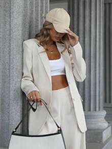 2 piezas Traje de mujer con blazer de cintura media ajustada y pantalones acampanados, ropa de otoño para mujer - Beis - Ver 1