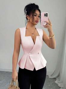 Blusa sin mangas con cuello plisado en forma de A para mujer, elegante y versátil, adecuada para ir al trabajo, vacaciones, citas, salidas, jardín, reuniones familiares, Día del Trabajo, días festivos, Día de la Independencia, vuelta al cole - Rosa - Ver 1