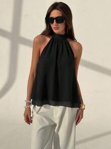 Camiseta sin mangas de gasa con cuello halter, fruncida y con línea A, de estilo bohemio minimalista y sexy en color púrpura ciruela, para primavera/verano - Negro - Ver 4