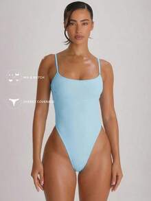 Resort Traje de baño con cuello recto, tirantes y corte alto en la pierna, tipo cheeky.Traje de baño básico unicolor para vacaciones, verano y viajes a la playa. - Celeste - Ver 6