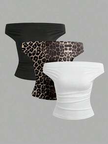 1 pieza Blusa de hombro caído plisada de moda para vacaciones - Multicolor 4 - Ver 7