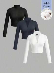 Set de 3 camisetas de manga larga con cuello en V, cremallera y ajuste ceñido, de estilo casual para otoño/invierno para mujer, en colores blanco + negro + gris - Blanco - Ver 1