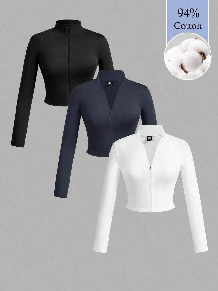 Set de 3 camisetas de manga larga con cuello en V, cremallera y ajuste ceñido, de estilo casual para otoño/invierno para mujer, en colores blanco + negro + gris - Blanco - Ver 1