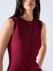 Blusa sin mangas casual con textura de un solo color y botones delanteros - Burdeos - Ver 4