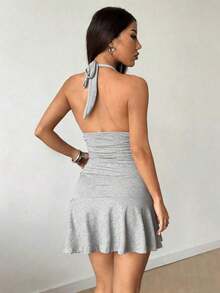 Vestido mini negro sexy con cuello de halter, estilo informal de playa y vacaciones, primavera/verano - Gris Claro - Ver 2