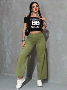 Jeans rectos y sueltos con bolsillos - Verde - Ver 6