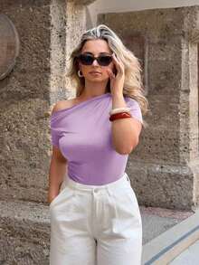 Camiseta Casual Para Mujer De Cuello Asimétrico Y Plisado De Color Sólido - Morado - Ver 4