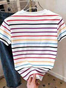 Camiseta de mujer de manga corta con cuello redondo, estampado de rayas de colores, informal, para verano - Multicolor 14 - Ver 2