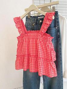 Top sin mangas a cuadros casuales para mujer, verano - Rojo - Ver 2