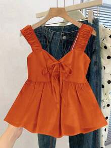 Blusa de estilo vintage para vacaciones con estampado de lunares, fruncida y con nudo delantero, para verano - Naranja Quemada - Ver 1