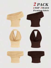 Set de 2 blusas casuales de mujer de ajuste ceñido y unicolor, que se pueden usar de 3 maneras diferentes - Café integral - Ver 2