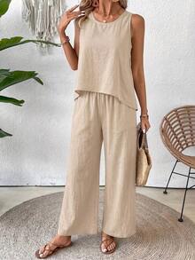 Conjunto de top sin mangas y pantalones de pierna ancha con parte posterior de malla de encaje para mujer, color albaricoque, para primavera/verano - Albaricoque - Ver 5
